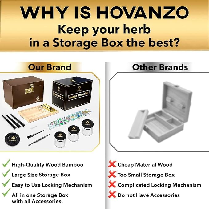 HOVANZO Premium Large Bamboo Storage Box with Removable Tray - Storage Wood Box for Herbs and Accessories - Storage Box Set with Combination Lock - Smell Proof Container with Accessories - Image 2