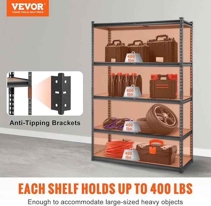 VEVOR Storage Shelving Unit, 5-Tier Adjustable, 2000 lbs Capacity, Heavy Duty Garage Shelves Metal Organizer Utility Rack, Black, 48" L x 18" W x 72" H for Kitchen Pantry Basement Bathroom Laundry - Image 4