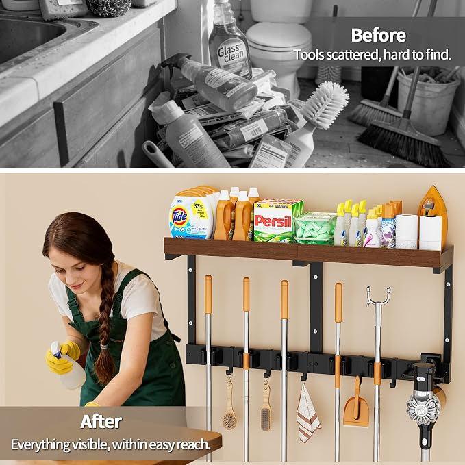 Broom Holder Wall Mount with Cleaning Supplies Organizer, Laundry Room Shelves with Mop Hanger Rack Gripper Hooks and Vacuum Organizer, Broom and Mop Organizer Wall Hanging for Home Garage Kitchen - Image 6