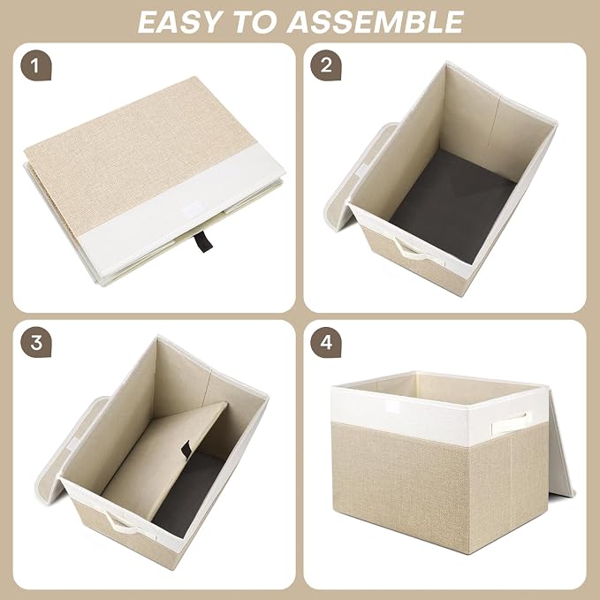 Bagnizer Large 17" 42 Quarts Collapsible Stackable Storage Bins with Lids [3-Pack] Foldable Fabric Linen Storage Boxes Cube, Closet Organizer Baskets with Label (16.7 x 12 x 12, Beige & White) - Image 3