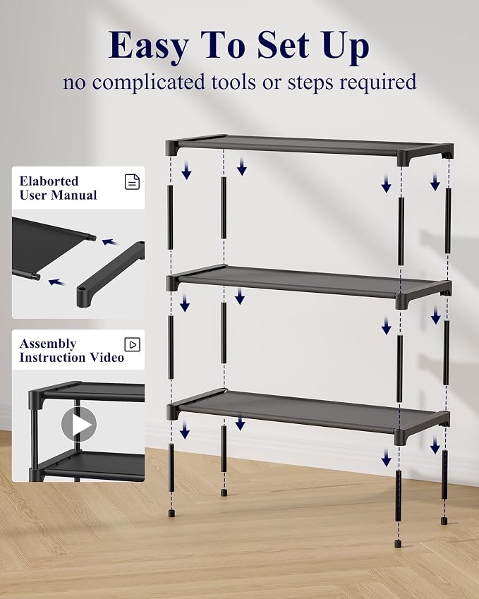 Kitsure Shoe Rack - Non-Woven Shoe Rack Shelf, Shoe Organizer for Closet, Entryway, Garage & Corridor, Stackable Shoe Shelves, 27.5" Wide - 3 Tier, Black - Image 8