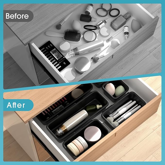 6 PCS Drawer Organizer Set, 3 Size Makeup Drawer Divider Organizer With Non-Slip Pads, Interlocking Plastic Storage Bins for Office,Jewelry Vanity,Gadgets, Bathroom,Kitchen, Black - Image 7