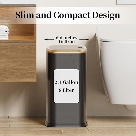 2.1 Gallon Bathroom Trash Can with Lid Press Top, 8 Liter Stainless Steel Garbage Can with Press Type Lid, Slim Trash Bin Waste Basket for Toilet, Office, Bedroom (Titanium Black) - Image 4