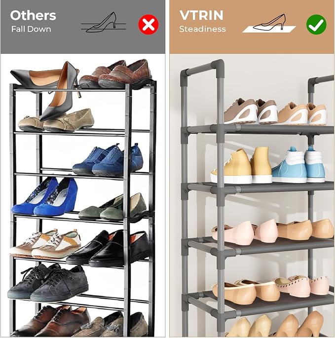 VTRIN 10 Tiers Tall Shoe Rack Holds 20-25 Pairs of Shoes Sturdy Vertical Shoe Organizer with 18pcs Hooks Stackable Narrow Shoe Rack for Closet, Entryway Grey - Image 6