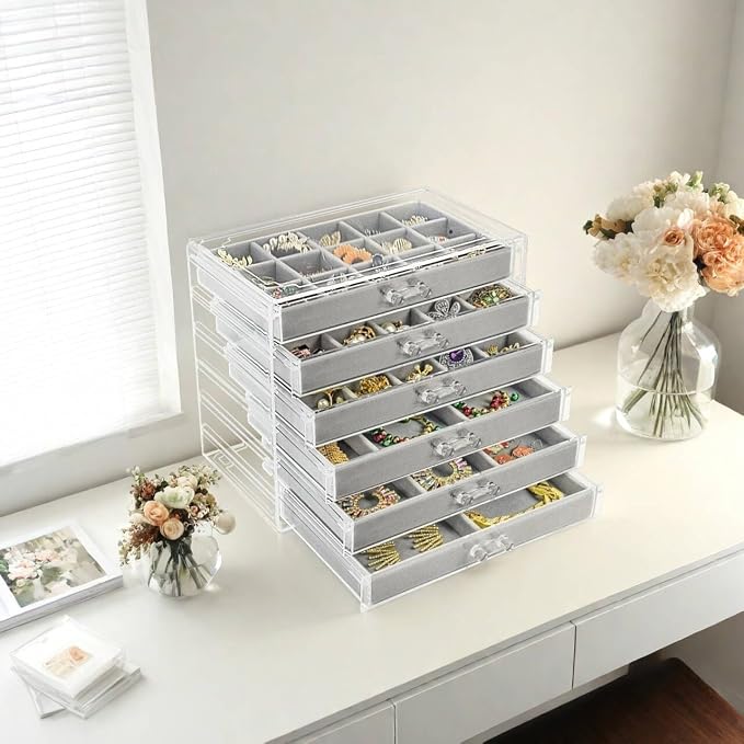 Watpot Acrylic Jewelry Box with 6 Drawers, Clear Earring Storage Organizer Display Case for Women Girls, Gray - Image 7