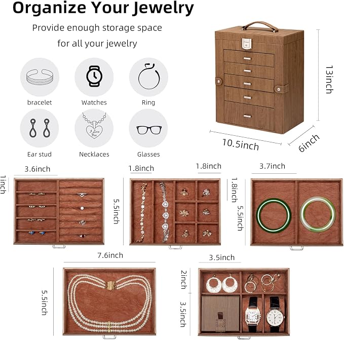 6 Tier Jewelry Box, Jewelry Case with 5 Drawers, Large Storage Capacity, with Mirror, Lockable, Jewelry Storage Organizer, Gift for Loved Ones - Image 3