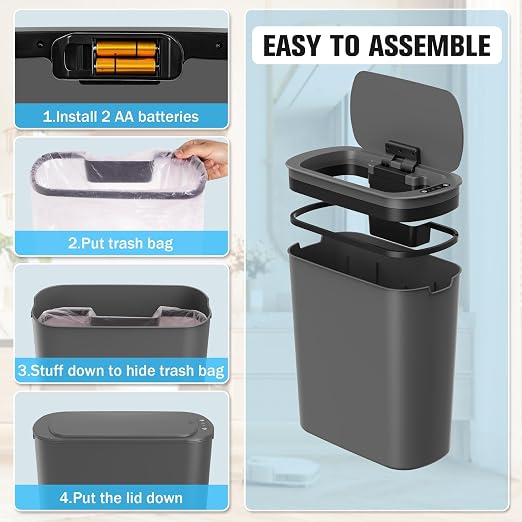 Cesun 5 Gallon Automatic Bathroom Trash Can, Touchless Motion Sensor Garbage Can with Lid, Smart Plastic Slim Wastebasket for Bathroom, Office, rv, Bedroom, Living Room, Grey - Image 6