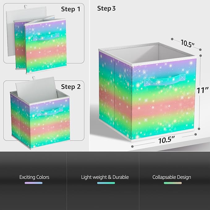 Sorbus 11 Inch Fabric Storage Cubes - Sturdy Collapsible Storage Bins & Handle - 6 Foldable Baskets for Organizing Clothes - Multi Colored Storage Baskets for Shelves (Colorful With Stars, 11 Inch) - Image 3