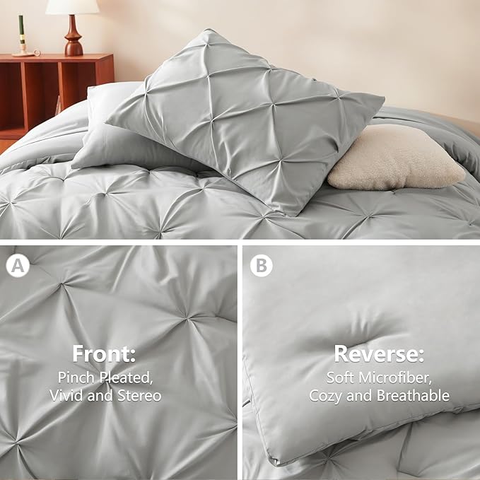CozyLux Queen Comforter Set Light Grey, 7 Pieces Pintuck Bed in A Bag, Premium Gray Comforter Queen Size, Pinch Pleat Bedding Sets with Comforter, Sheets, Pillowcases & Shams