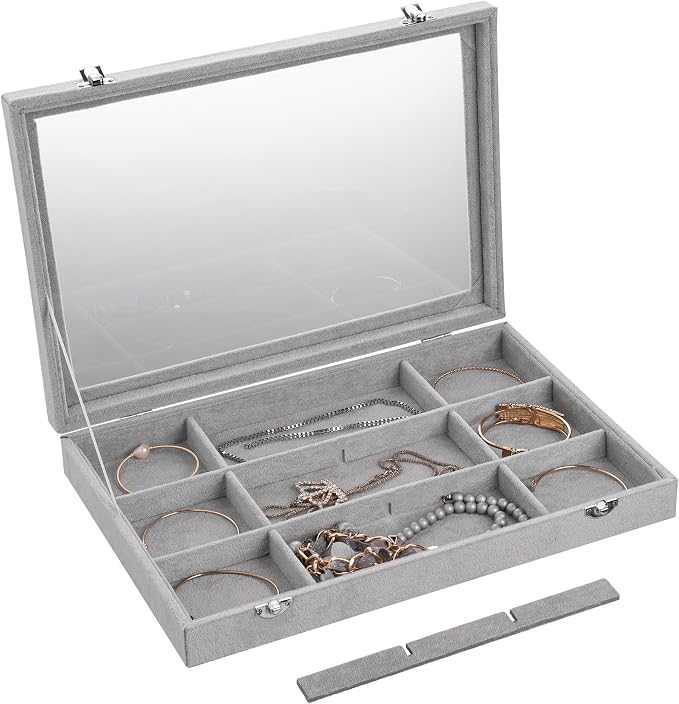 Frebeauty Velvet Jewelry Tray,12 Grid Jewelry Organizer with Clear Lid,Bracelets Holder,Jewelry Display Case with Clasp,Drawer Insert Bangle Brooch,13.8 x 9.5 x 2 Inches,Gift for Women Girls(Grey) - Image 5