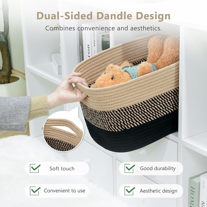 ECDYQXVU Cotton Rope Storage Basket, 15x10x9 Inches, Woven Basket for Shelves, Clothes, Towels, Books, and Laundry, Gradient Black/Brown (1 Pack) - Image 6