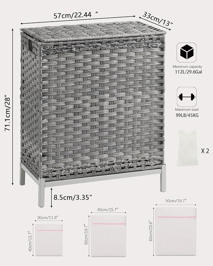 SETVSON Laundry Hamper with Lid, 112 L Handwoven Rattan Wicker Laundry Basket, 2 Removable Liner Bags Metal Heightened Feet, 6 Mesh Bags, 2 Section Large Clothes Hamper for Bathroom Bedroom, Gray - Image 5