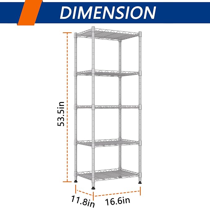 REGILLER 5-Wire Shelving Metal Storage Rack Adjustable Shelves,Standing Storage Shelf Units for Laundry Bathroom Kitchen Pantry Closet(Silver,11.8" D x 16.6" W x 53.5" H) - Image 3