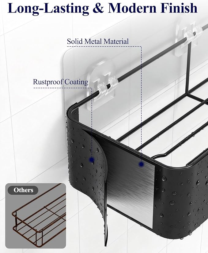 Kitsure Shower Caddy Adhesive - 6-Pack, No-Drilling Shower Shelves with Soap Holder, Toothbrush Holde, 6 Hooks, Rustproof & Stylish Bathroom Organizers and Storage Solution, Black, Large - Image 6