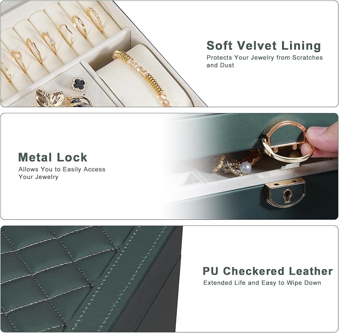 GUOER Jewelry Box for Women Girl Wife 3 Layers Large PU Leather Jewelry Organizer Storage Case with Two drawers Display for Earrings Bracelets Rings Watches (Hunter Green) - Image 4