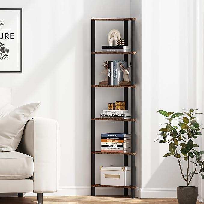 TUTOTAK Corner Shelf, 6-Tier Corner Bookshelf for Small Space, Narrow Display Corner Shelf Stand with Storage Rack, for Living Room, Bedroom, Rustic Brown BS05BB006 - Image 6