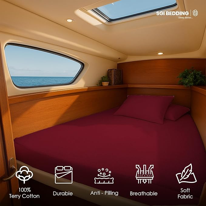 SGI Bedding Waterproof XL V Berth Mattress Protector 102" Head x 82" Length x 30" Foot – 15" Deep Pocket, 360° Fitted Style Mattress Pad Cover, Soft Noiseless & Breathable Cover for Boat – Burgundy