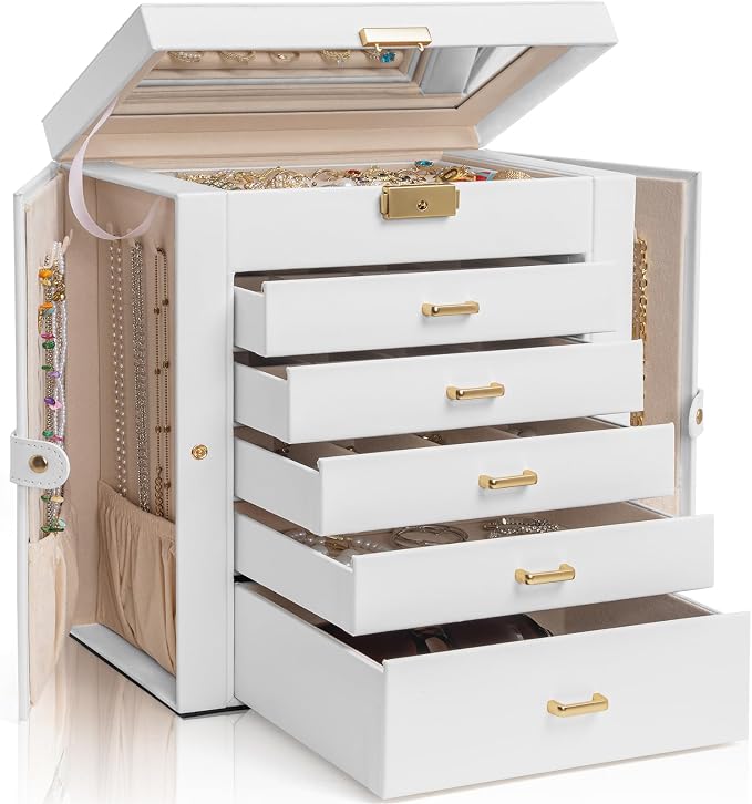 AKOZLIN Large 6-Tier Jewelry Box Lockable Leather Jewelry Storage Case with 5 Drawers for Women Girls Ring Necklace Earring Bracelet Holder Organizer with Mirror by AKOZLIN