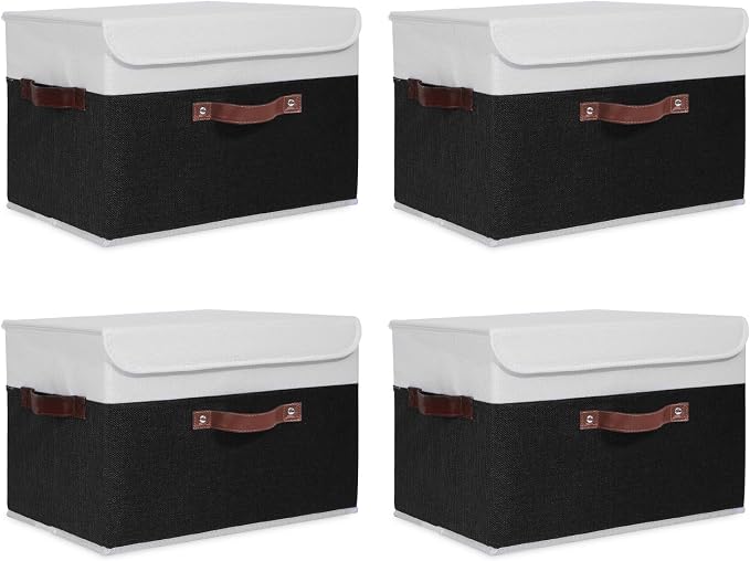 ANMINY 4PCS Storage Boxes with Lid Washable Decorative Storage Bins Basket with PU Leather Handle Foldable Linen Fabric Storage Cubes Containers for Home Closet Organizer - Black White, Large Size by ANMINY