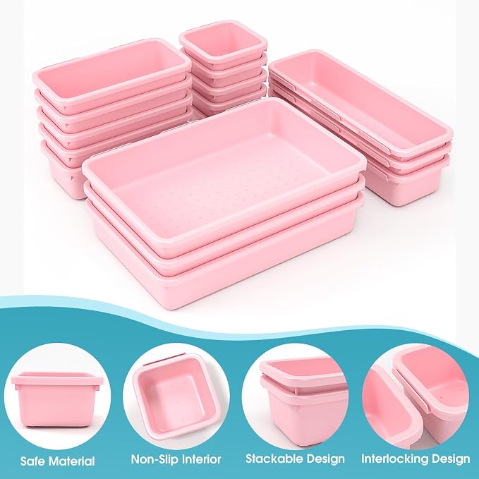16 PCS Drawer Organizer Set, 4 Size Makeup Drawer Divider Organizer With Non-Slip Pads, Interlocking Plastic Storage Bins for Office,Jewelry Vanity,Gadgets, Bathroom,Kitchen, Pink - Image 3
