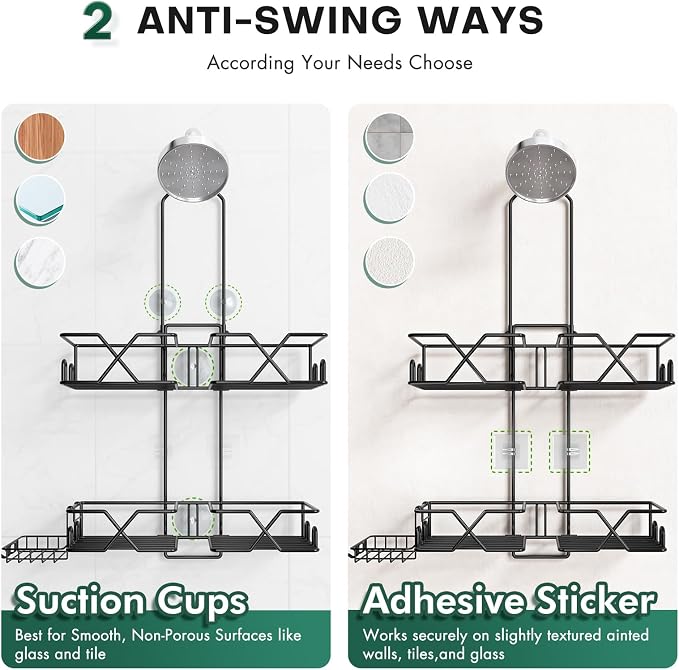 Sewulidon Stainless Steel Hanging Shower Caddy for Handheld Shower Heads,Adjustable Height Extra Long Bathroom Shower Organizer Hanger Rack with Hooks,Soap Holder - Image 2