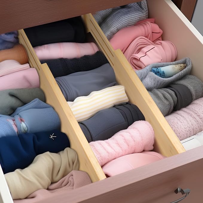 Fabsome Dresser Drawer Organizers 6 Pack, 4.65'' High Adjustable from 17-22‘’ Bamboo Drawer Dividers for Clothing Baby Clothes, Wooden Separators for Dresser Nursery Organization with Soft Foam Ends - Image 5