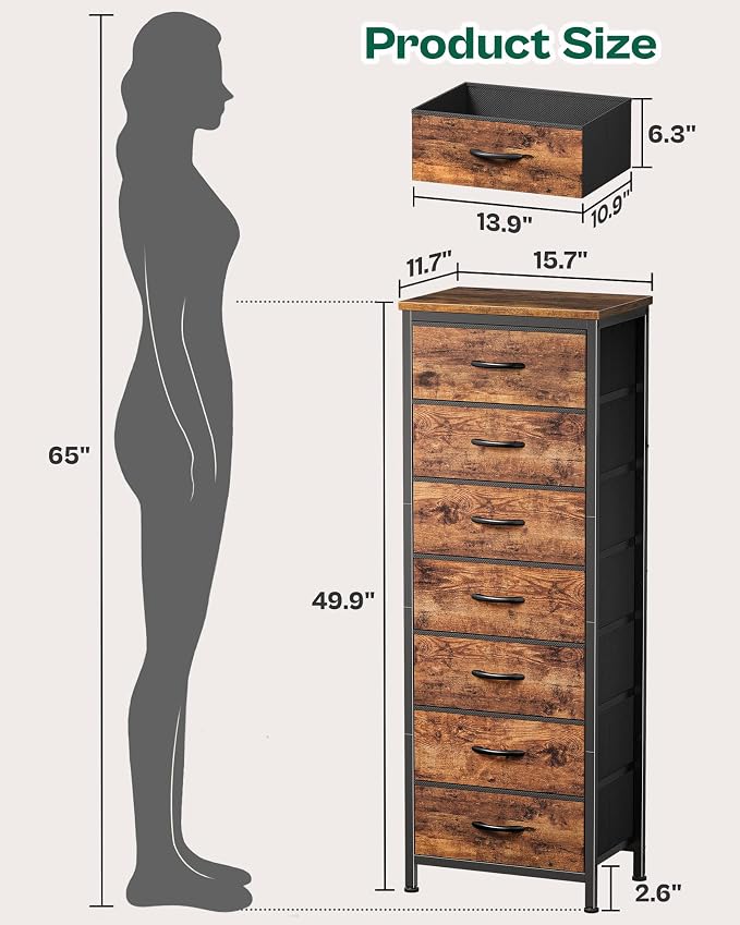 Huuger Tall Dresser for Bedroom, 7 Drawer Dresser & Chests of Drawers, Fabric Drawer for Closet, Bedroom, Night Stand, Metal Frame, Storage Tower with Fabric Bins, Rustic Brown - Image 2