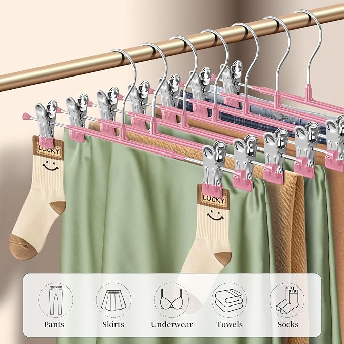 Pants Hangers with Clips 20 Pack Adjustable Skirt Hangers for Women Non-Slip Trousers Hanger for Jeans Clothes Hangers for Pants Heavy Duty Space Saving Shorts Hangers,Pink,14Inch - Image 5