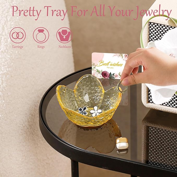Yellow Flower Ring Dish Jewelry Dish Glass Jewelry Tray Small Trinket Tray Ring Holder Dish Cute Room Decor Aesthetic Bathroom Decor House Warming Engagement Birthday Gifts for Women Stocking Stuffers - Image 8