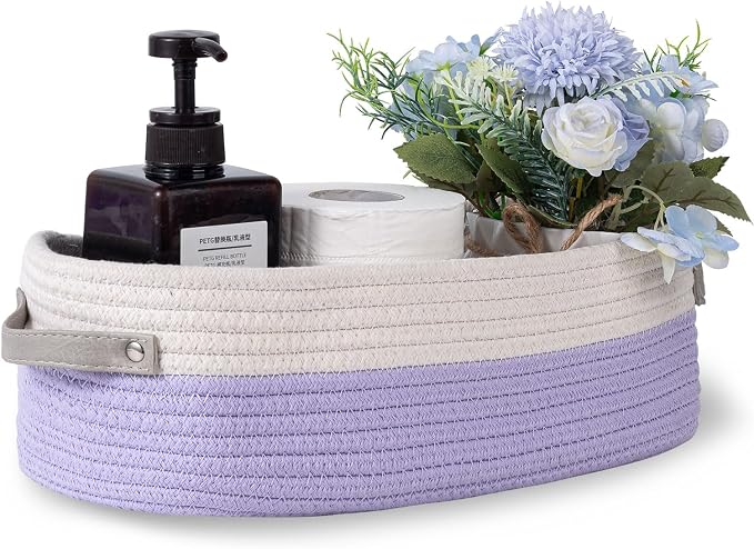 Cotton Rope Woven Basket Toilet Paper Baskets for Organizing Decorative Basket for Boho Decor Small Storage Basket Gift Baskets 13"x5.9"x4" Purple by Oradrem