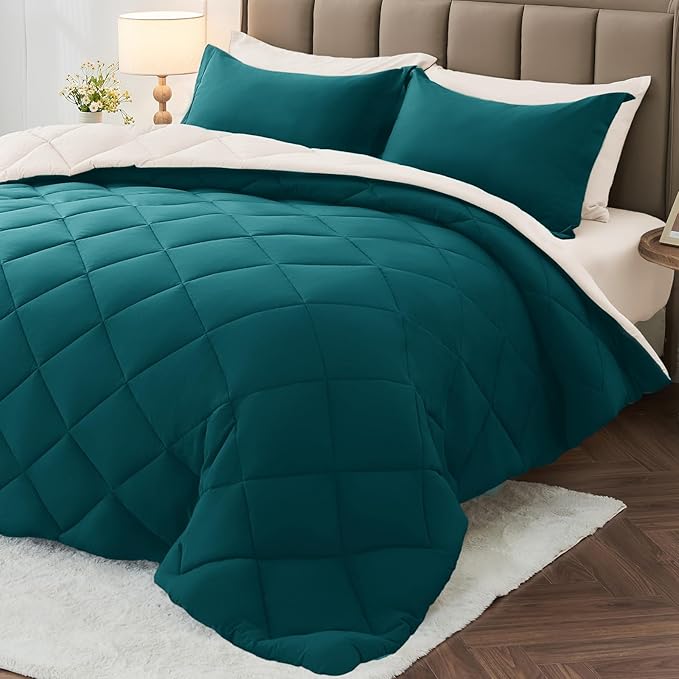 MUXHOMO 7 Pieces King Comforter Set, Reversible Bed in a Bag King Size, All Season Bedding Set with Comforter, Flat Sheet, Fitted Sheet, Pillowcases & Shams, Peacock Blue & Ivory