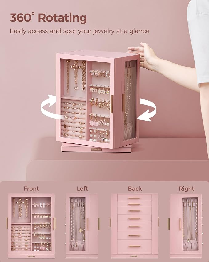 Glimmloop 360° Rotating Jewelry Box with 7 Drawers, Spacious Vertical Jewelry Organizer with Glass Window, Jewelry Storage Case, Dustproof & Moisture-resistant Design, Pink - Image 4