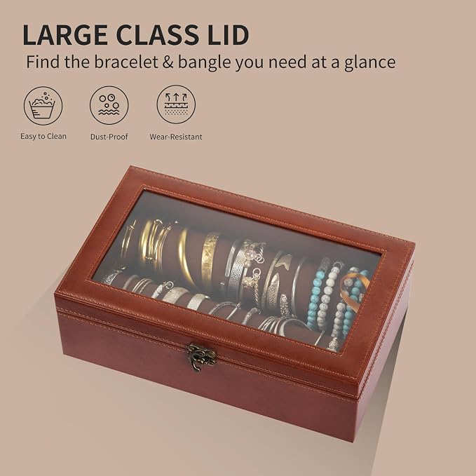 AUTOARK Bracelet & Watch Storage Box with Glass Lid & 2 Anti-Roll Rods,PU Leather Jewelry Case,Soft Lined Locking Organizer for Women,Gift for Dresser & Cabinet Display,Coffee,MKAW143 - Image 4