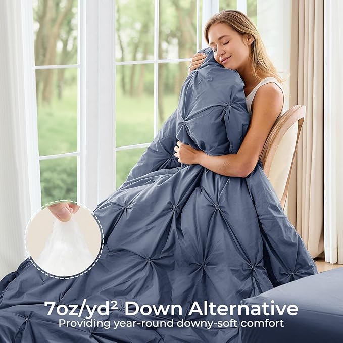 Sasttie Twin Comforter Set, 5-Piece Bed in a Bag, Pintuck Bedding Sets for All Season, Includes Comforter, Flat Sheet, Fitted Sheet, Pillowcase and Pillowsham, Indigo Blue