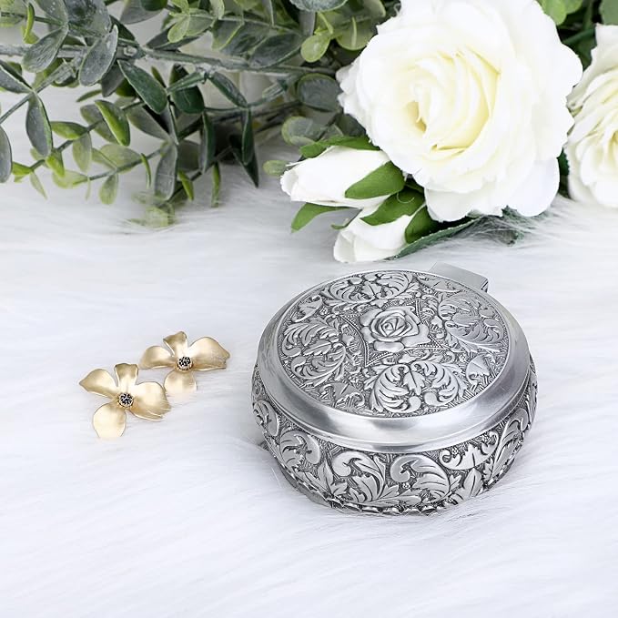 Hipiwe Metal Jewelry Box Vintage Ring Holder Trinket Organizer Small Round Earring Necklace Storage Box Jewelry Display Box Keepsake Box Decorative Jewelry Box Gift for Women - Image 4