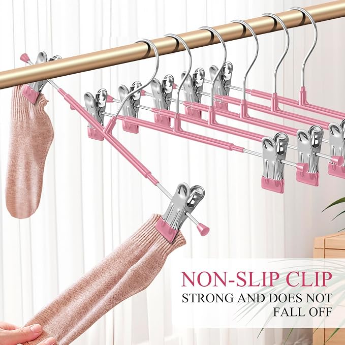 Pants Hangers with Clips 20 Pack Adjustable Skirt Hangers for Women Non-Slip Trousers Hanger for Jeans Clothes Hangers for Pants Heavy Duty Space Saving Shorts Hangers,Pink,12Inch - Image 2