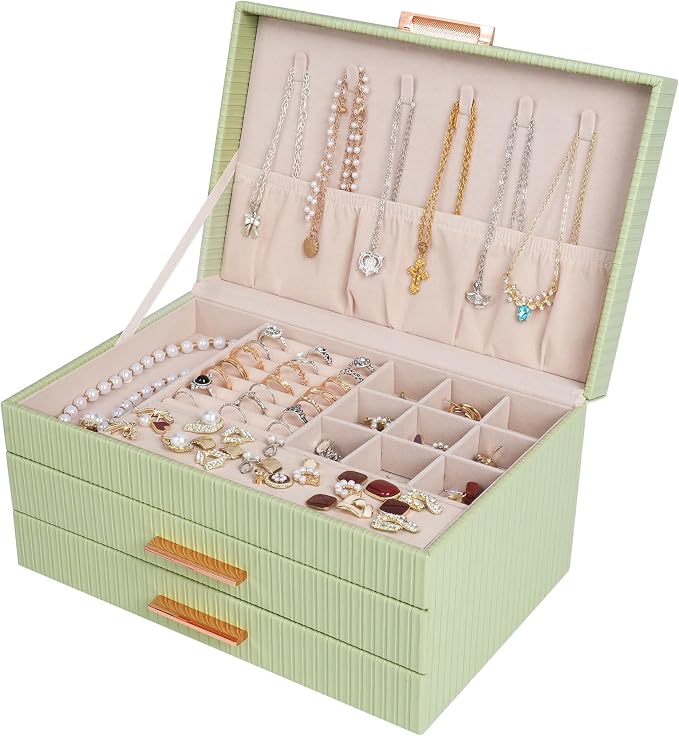 Dajasan Jewelry Box Organizer, 3-Tier Jewelry Storage with 2 Drawers, Large Jewelry Boxes for Women, PU Leather Surface with Texture, Gift Idea, Modern Style, 10.71 x 7 x 5.6 Inches (Avocado Green) by DAJASAN