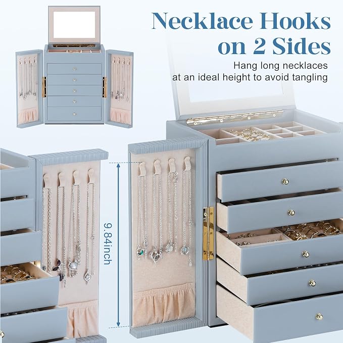 Dajasan Large Jewelry Organizer Box with Mirror, Jewelry Storage Organizer with 5 Drawers, 6-Tier Jewelry Gift Box for Women, Girls, Friends, Wife or Mother, Gift Idea (Smoky Blue) - Image 2