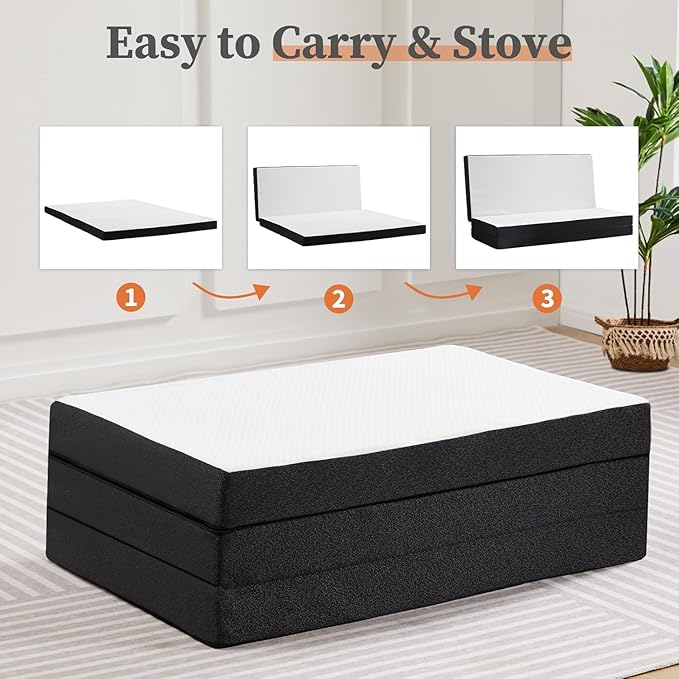 Sweetcrispy Tri-fold Queen Size Mattress - 3 Inch Portable Bed Pad, Foldable Mat, Collapsible and Washable Cover with CertiPUR-US Certified, for Travel & Camping & Yoga, Memory Foam