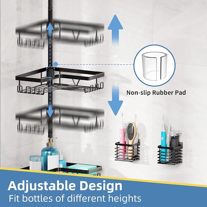 KEGII Set of 2 Wall Mount Toothbrush Holders with Tension Pole Shower Caddy, Rustproof Bathroom Organizer with Soap Holder & Hooks, 4 Adjustable Shower Shelves for Renters, 25-114.2 inch Black - Image 5