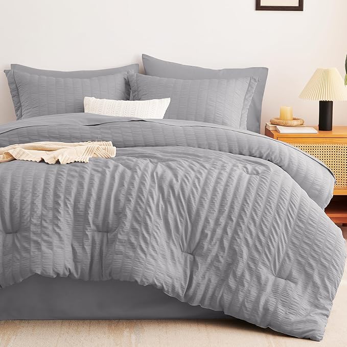 CozyLux Queen Comforter Set Grey Seersucker 7 Pieces Bed in a Bag Queen Comforter Set with Sheets, Gray Luxury Soft Bedding Set with Down Alternative Comforter, Sheets, Pillowcases & Shams All Seasons