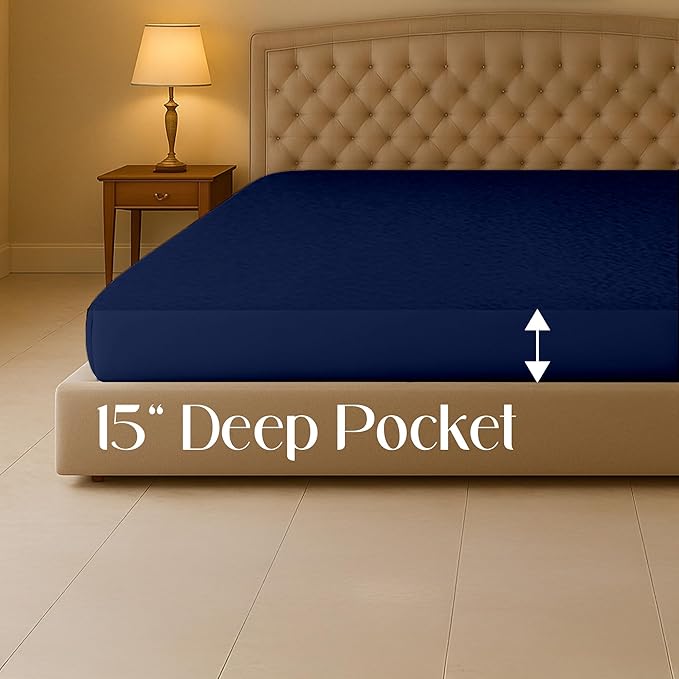 SGI bedding Waterproof Texas King 80" x 98" Extra Large Bed Mattress Pad Cover, 15" Deep Pocket, Soft Noiseless & Breathable Fitted Sheet Style Mattress Protector – Navy Blue