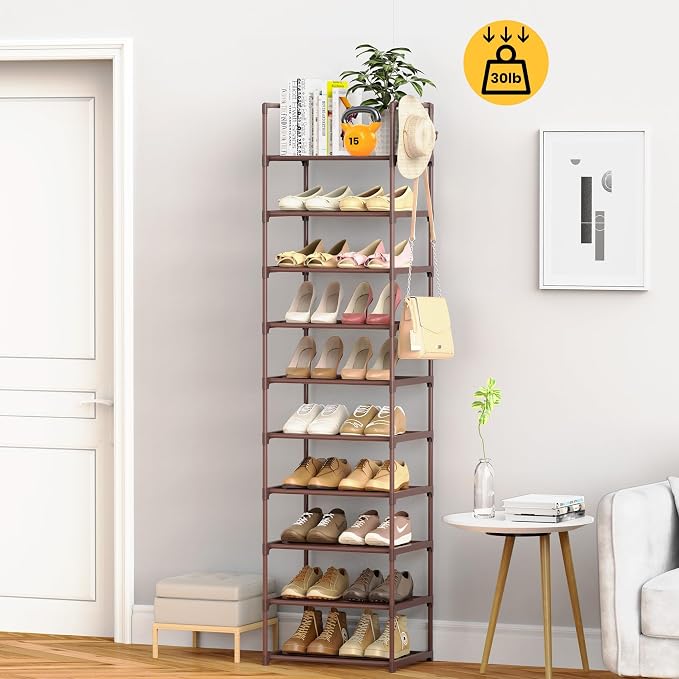 Tall 10 Tier Shoe Rack - 20-24 Pair Storage, Sturdy Metal Shoe Organizer with Hooks for Closet, Entryway, Brown - Image 2