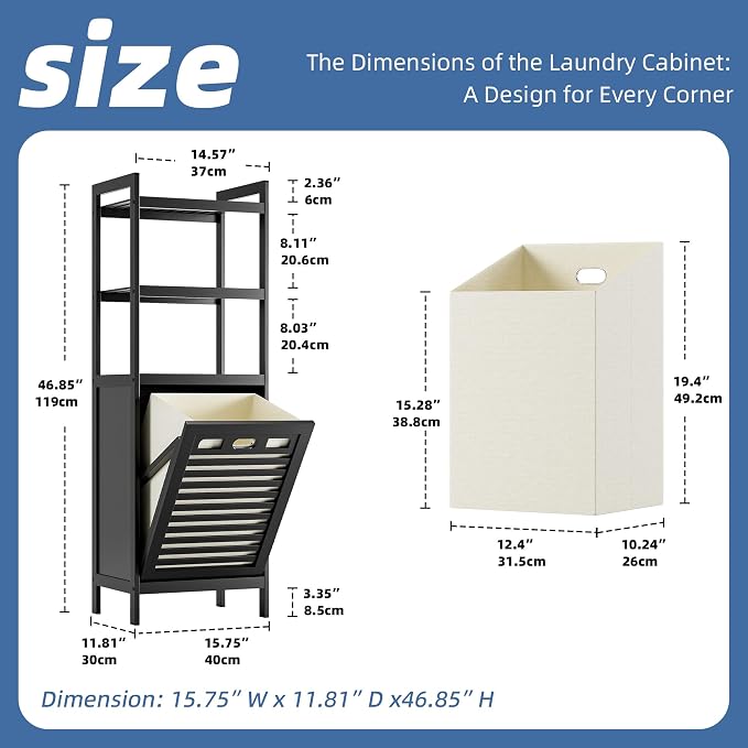 HITNET Tilt Out Laundry Hamper, Bamboo Bathroom Cabinet with Pull Out Removable Bag and 3 Tier Storage Shelves, 10 Gal Clothes Basket with Metal Handle, Black - Image 3
