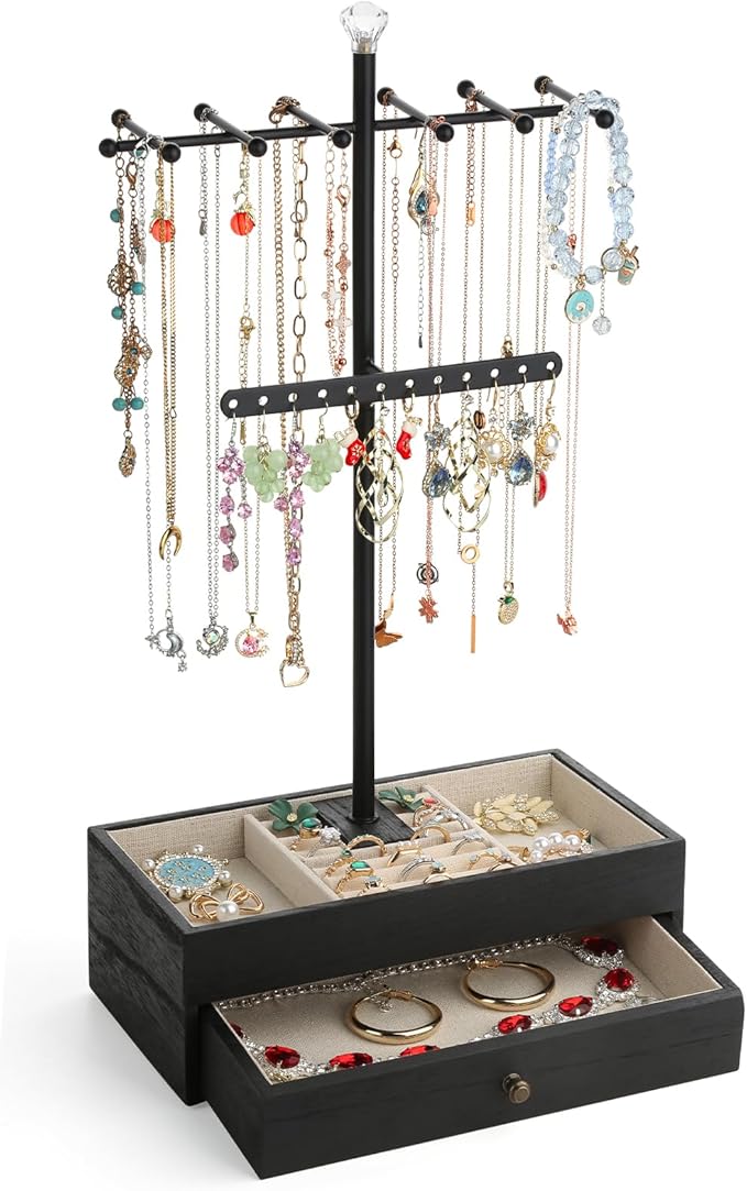 Meangood Jewelry Organizer Stand, 3-Tier Necklace Holder Jewelry Tree with Wooden Storage Drawer Box for Necklace Bracelet Earring Ring,Black by Meangood