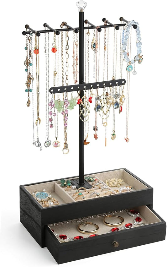 Meangood Jewelry Organizer Stand, 3-Tier Necklace Holder Jewelry Tree with Wooden Storage Drawer Box for Necklace Bracelet Earring Ring,Black by Meangood