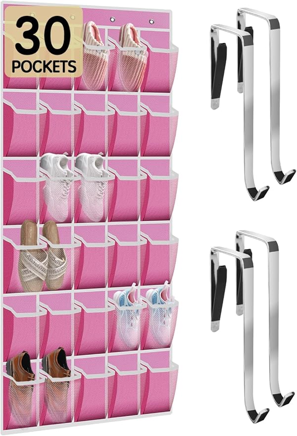 Kotkn Over the Door Shoe Organizer with 30 Breathable Mesh Pockets - Large Capacity Closet Storage for Men & Women, Hanging Shoe Rack Organizer (Pink) by Unknown
