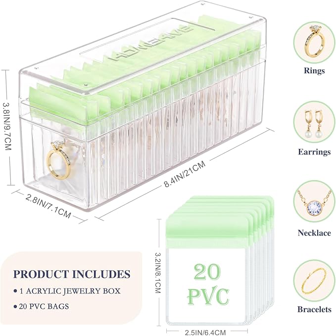HOMEHIVE Acrylic Jewelry Box Organizer, Clear Jewelry Organizer Holder with 20 Portable Anti Tarnish Jewelry bags, Travel Jewelry Case for Earrings/Rings/Necklaces for Women Girls, Green - Image 4
