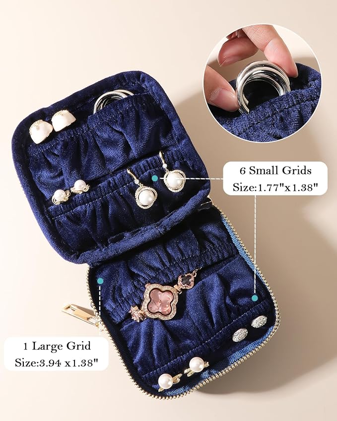 COOLYOUTH Travel Jewelry Case Organizer for Women Portable Jewelry Box with Small Pouches Mini Jewelry Bag for Rings, Bracelets, & Bangles with Smooth Metal Zipper (Navy Blue) - Image 2