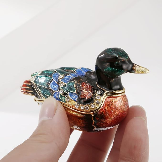 Hand Painted Enamel Duck Trinket Box for Home Decor, Hinged Jewelry Organizer for Ring Earrings, Unique Figurine Keepsake Collectible Personalized Elegant Handmade Ornament Gifts (Green Duck) - Image 5